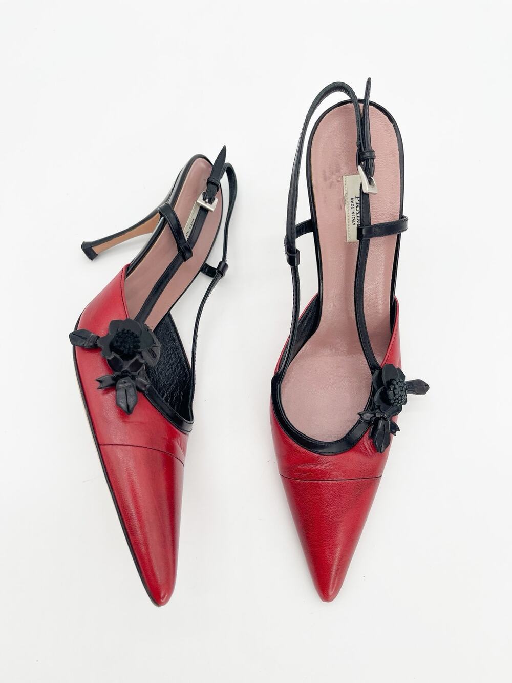 Prada Retro Y2K Red Black Leather Floral Pointed Toe Slingback Heels IT 37.5